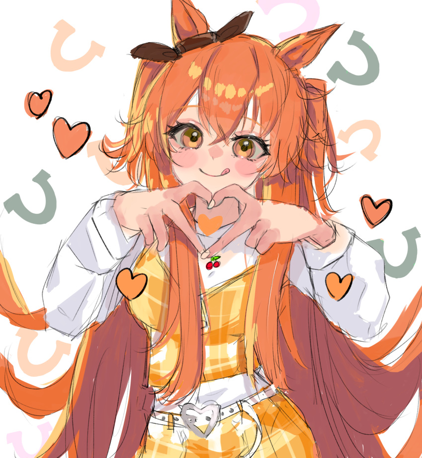 1girl, :q, absurdres, animal_ears, belt, blush, closed_mouth, hair_between_eyes, heart, heart_hands, highres, horse_ears, horse_girl, long_hair, long_sleeves, looking_at_viewer, mayano_top_gun_(umamusume), orange_eyes, orange_hair, shirt, showtime775, simple_background, sketch, smile, solo, tongue, tongue_out, two_side_up, umamusume, upper_body, very_long_hair, white_background, white_belt, white_shirt
