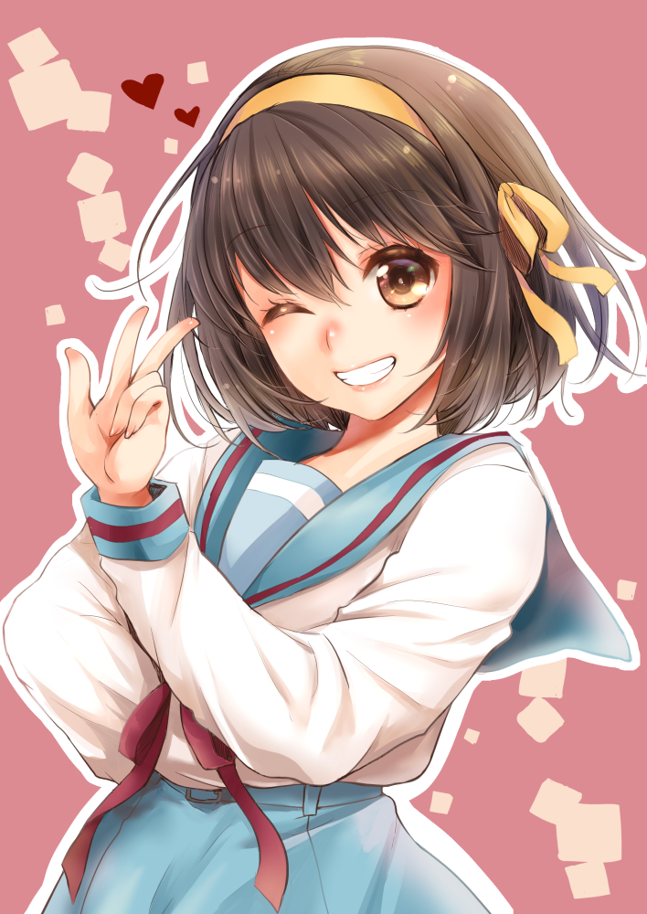 1girl, blue_sailor_collar, blue_skirt, bob_cut, brown_eyes, brown_hair, commentary_request, grin