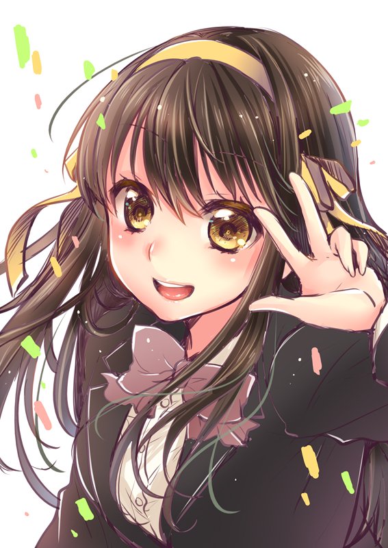 1girl, ;d, black_jacket, blazer, bow, bowtie, brown_bow, brown_bowtie