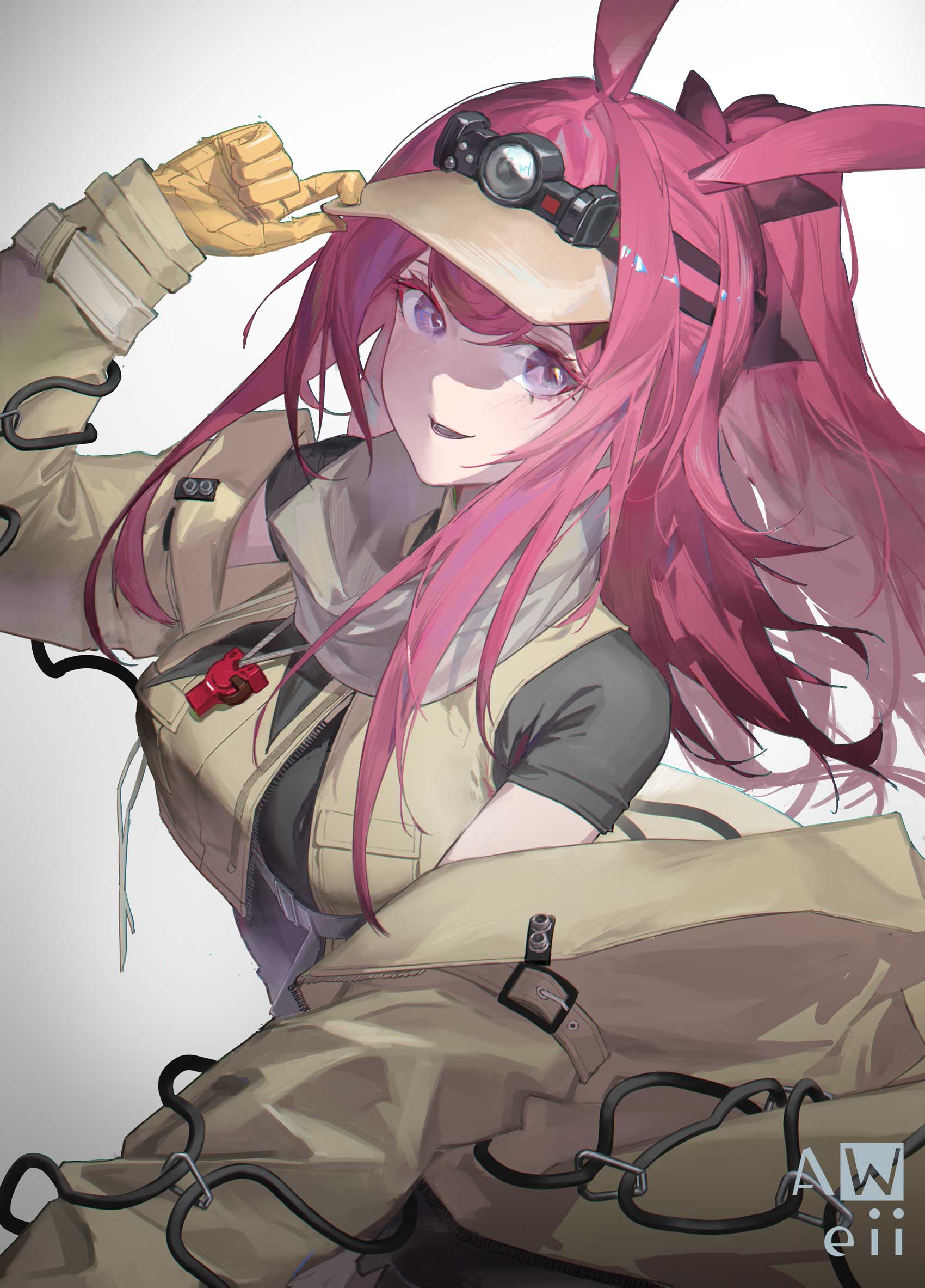 1girl, animal_ears, arknights, artist_name, aweii, black_shirt, brown_coat, brown_vest, coat, commentary_request, gloves, grey_scarf, hand_on_headwear, headlamp, highres, long_hair, long_sleeves, looking_at_viewer, open_clothes, open_coat, open_mouth, ponytail, purple_hair, rabbit_ears, rabbit_girl, ray_(arknights), scarf, shirt, smile, solo, upper_body, vest, violet_eyes, visor_cap, whistle, whistle_around_neck, yellow_gloves