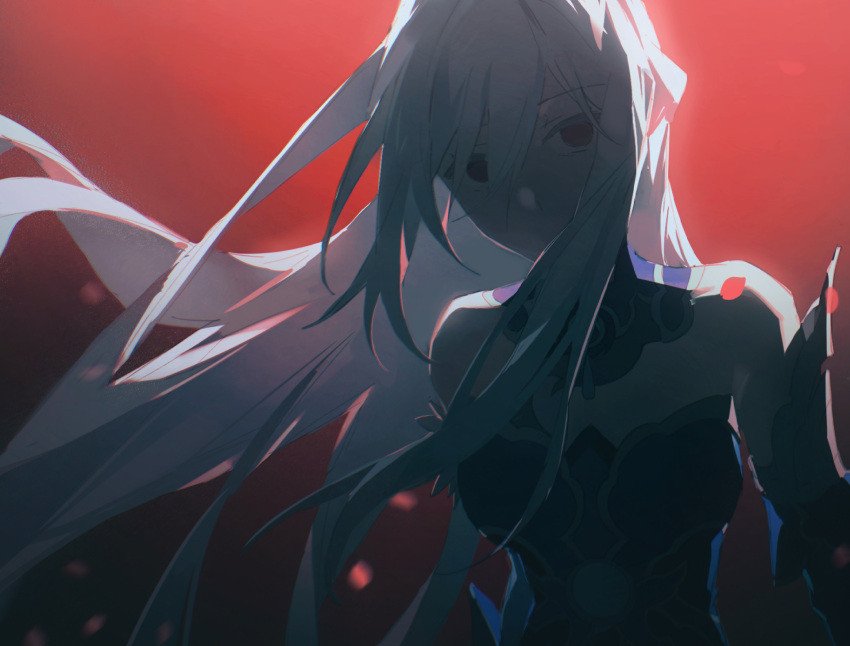 1girl, backlighting, blue_dress, detached_sleeves, dress, empty_eyes, expressionless, floating_hair
