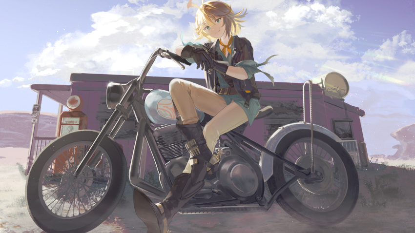 1girl, ammunition_belt, antenna_hair, aqua_shirt, belt, black_footwear, black_gloves, black_jacket, blonde_hair, blue_eyes, blue_sky, boots, brown_belt, brown_pants, building, closed_mouth, clouds, cloudy_sky, commentary_request, cowboy_boots, day, desert, dokibird_(vtuber), dokibird_(vtuber)_(bounty_hunter), fang, gas_pump, gas_station, glint, gloves, hair_between_eyes, hair_ornament, highres, indie_virtual_youtuber, iva_(iva4111), jacket, lens_flare, light_smile, looking_at_viewer, motor_vehicle, motorcycle, mountain, on_motorcycle, open_clothes, open_jacket, outdoors, pants, shirt, shoe_soles, short_hair, sitting, skin_fang, sky, solo, spurs, untucked_shirt, virtual_youtuber, x_hair_ornament