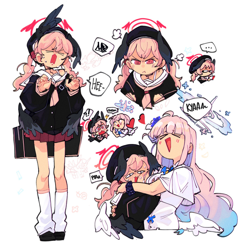 !?, >_<, ..., 2girls, absurdres, ahoge, black_hat, black_shirt, black_wings, blue_archive, capelet, closed_mouth, halo, hands_up, hat, head_wings, heart, highres, hug, kinzaibatsu91, koharu_(blue_archive), long_hair, long_sleeves, looking_at_another, mika_(blue_archive), multiple_girls, neckerchief, open_mouth, pink_hair, pink_neckerchief, pout, puff_of_air, red_eyes, red_halo, red_skirt, scrunchie, shirt, simple_background, skirt, smile, socks, spoken_ellipsis, spoken_squiggle, squiggle, standing, twintails, white_background, white_capelet, white_socks, white_wings, wings, wrist_scrunchie, yellow_eyes, yuri