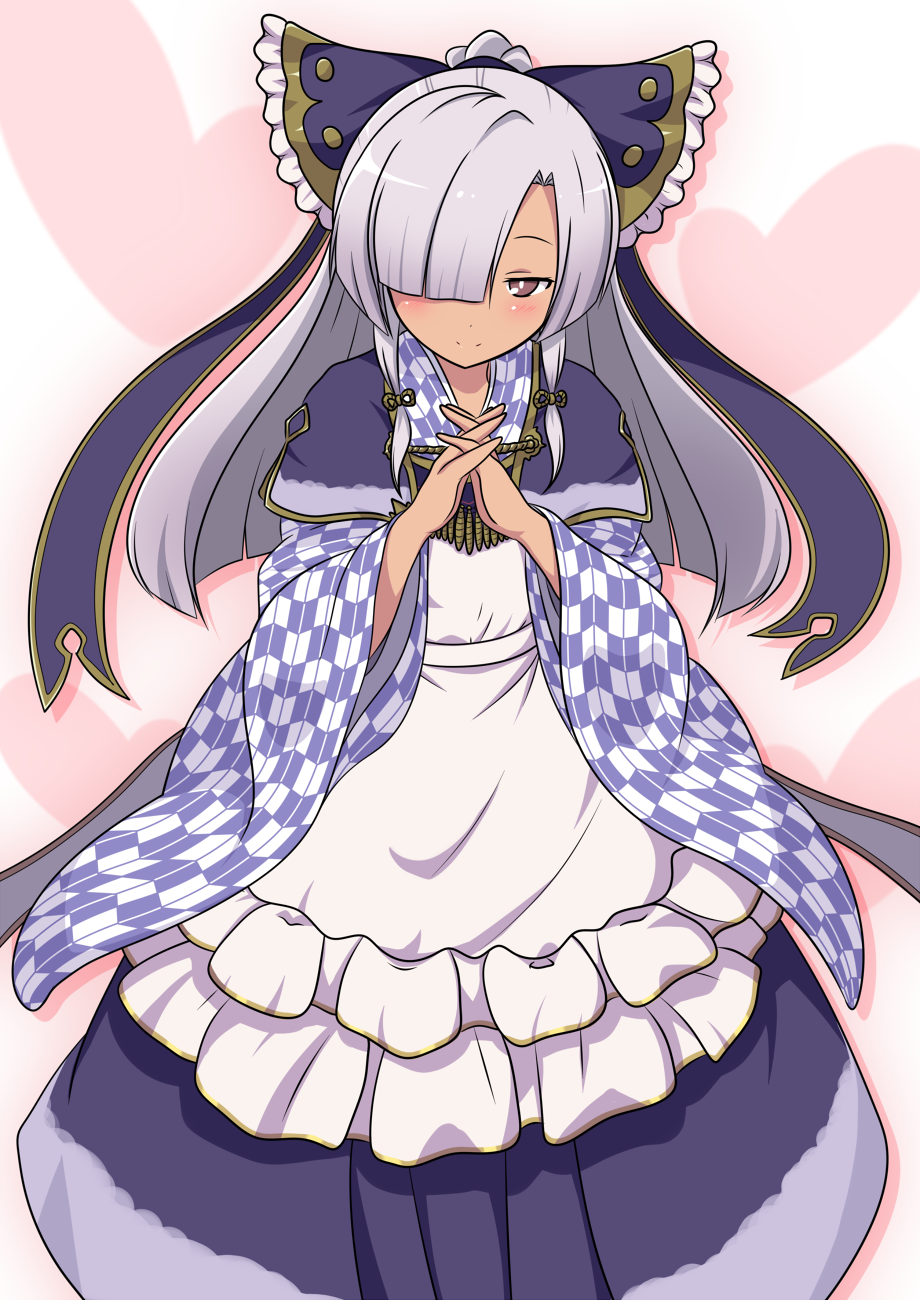 1girl, apron, bow, capelet, closed_mouth, commentary_request, dark-skinned_female, dark_skin, drop_shadow, eyes_visible_through_hair, floahi, frilled_apron, frills, grey_hair, hair_bow, hair_ribbon, hakama, hakama_skirt, heart, heart_background, highres, japanese_clothes, kimono, long_hair, long_sleeves, looking_at_viewer, low-tied_sidelocks, official_alternate_costume, one_eye_covered, parted_bangs, purple_capelet, purple_hakama, purple_kimono, red_eyes, ribbon, skirt, smile, solo, tenka_hyakken, torikai_rai_kunitsugu, wide_sleeves, yagasuri