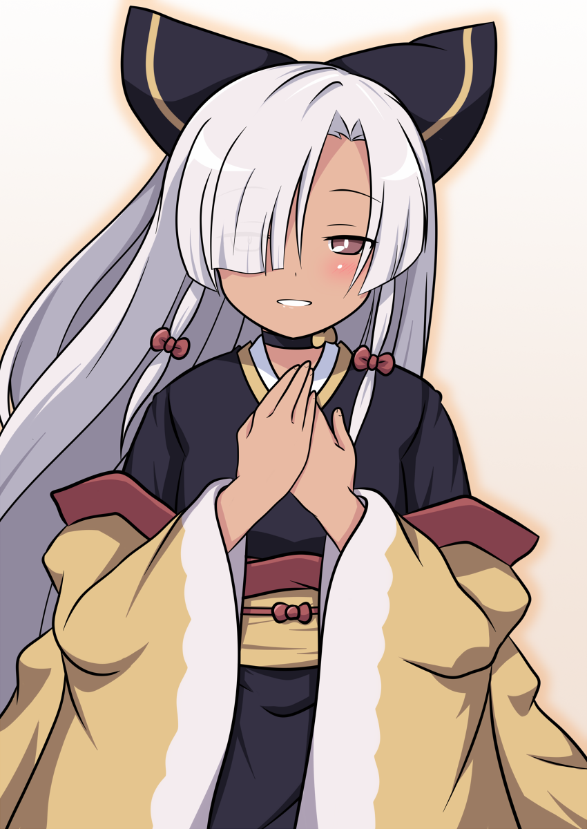 1girl, black_choker, bow, brown_haori, choker, commentary_request, dark-skinned_female, dark_skin