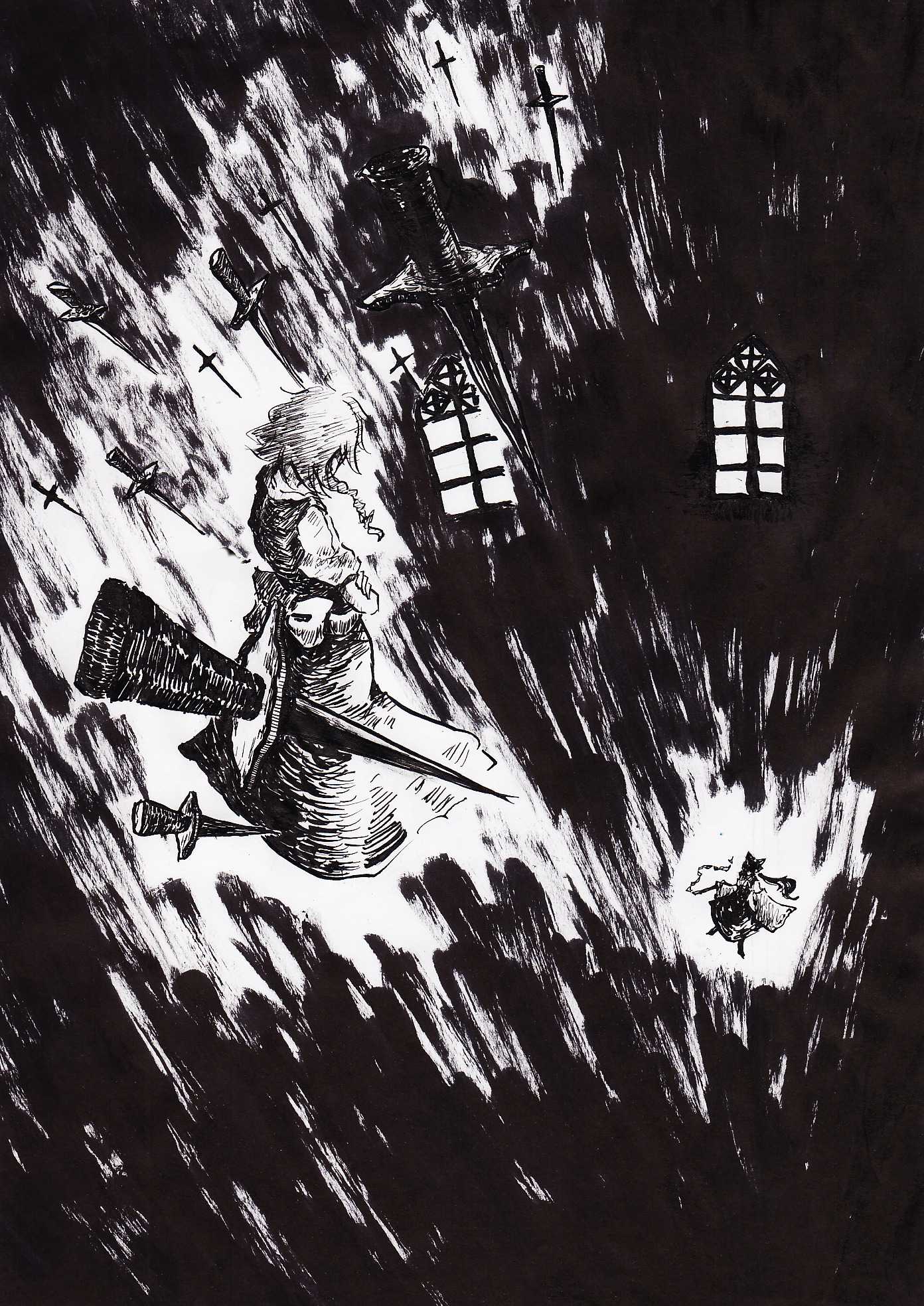 hakurei_reimu, highres, izayoi_sakuya, knife, let, monochrome, touhou