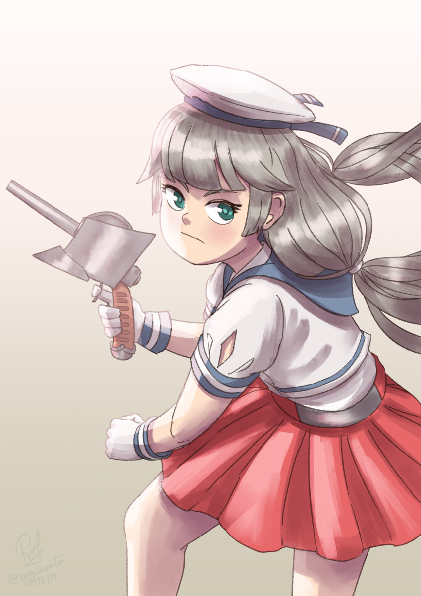 1girl, absurdres, adapted_turret, blue_sailor_collar, cannon, feet_out_of_frame, gloves, gradient_background