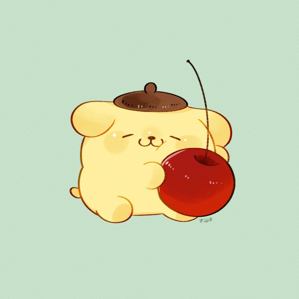 :3, animal, animal_focus, brown_hat, cherry, closed_eyes, closed_mouth, dog
