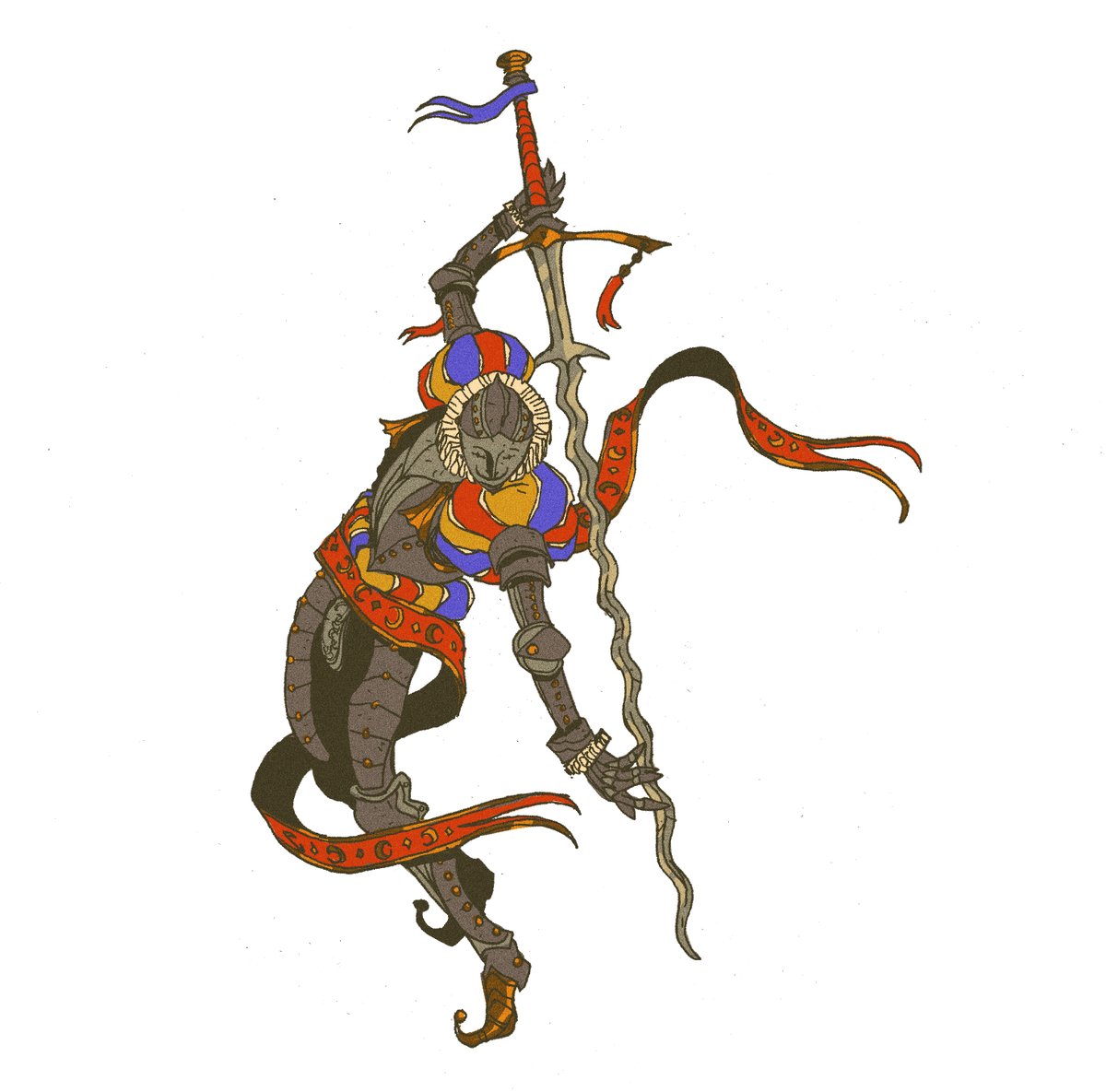 1boy, armor, blue_ribbon, dynamic_pose, frills, full_armor, full_body, gobert, gold, holding, holding_sword, holding_weapon, jester, jester_shoes, long_ribbon, long_sword, moon_print, neck_ruff, original, puffy_short_sleeves, puffy_sleeves, red_ribbon, ribbon, short_sleeves, smile, solo, sword, weapon, white_background