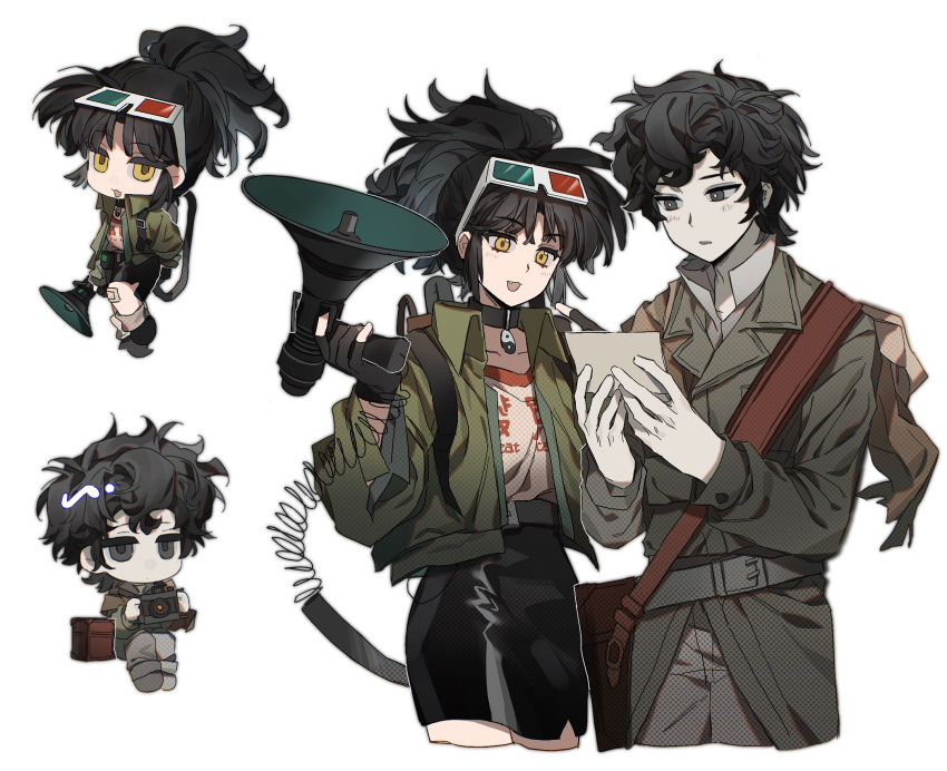 1boy, 1girl, 3d_glasses, :d, an-an_lee, backpack, bag, black_bag