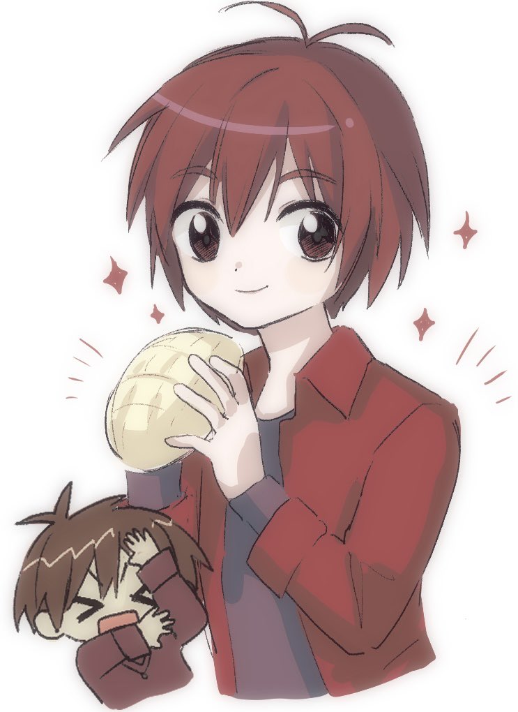 1boy, antenna_hair, bread, brown_eyes, brown_hair, chibi, chibi_inset, commentary_request