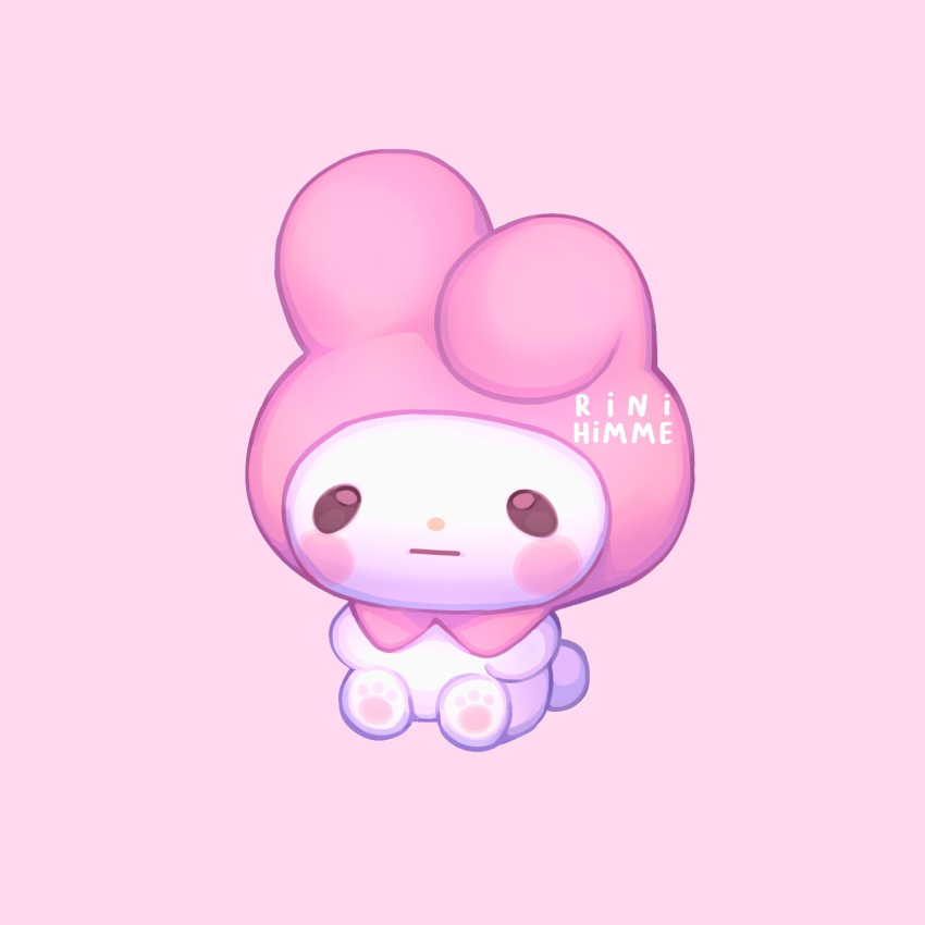 1girl, :|, animal_ears, animal_nose, chibi, chibi_only, closed_mouth, commentary, derivative_work, english_commentary, furry, furry_female, highres, meme, my_melody, no_thoughts_head_empty_(meme), onegai_my_melody, pawpads, pink_background, pink_theme, rabbit_ears, rabbit_girl, rinihimme, sanrio, simple_background, sitting, solo, watermark, white_fur