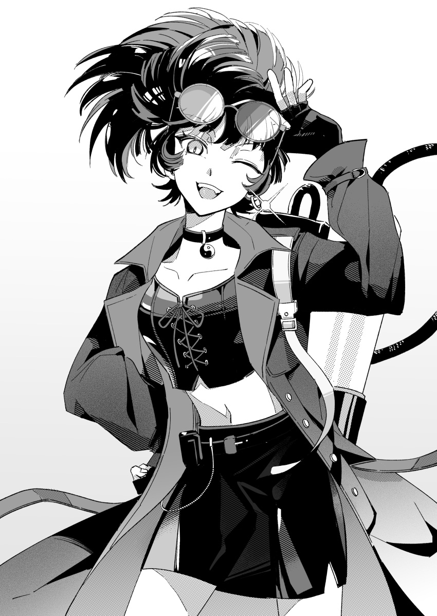 1girl, ;d, absurdres, an-an_lee, backpack, bag, black_skirt, choker, coat, commission, cowboy_shot, eyewear_on_head, fingerless_gloves, glasses, gloves, grey_background, greyscale, hand_on_own_head, hand_on_own_hip, hand_up, highres, hose, looking_at_viewer, medium_hair, midriff, miniskirt, monochrome, navel, one_eye_closed, pencil_skirt, ponytail, reverse:1999, round_eyewear, second-party_source, skirt, smile, solo, straight-on, teeth, upper_teeth_only, yin_yang, zai_ya