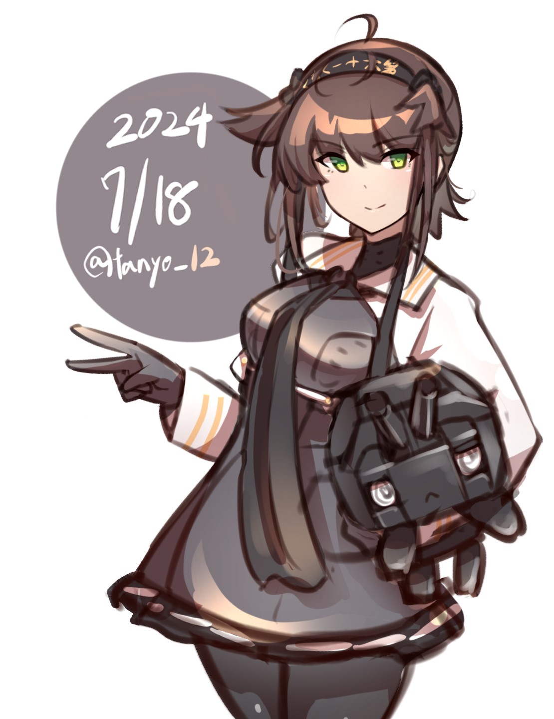 1girl, adapted_turret, anchor_symbol, black_bodysuit, black_headband, black_scarf, black_skirt, bodysuit