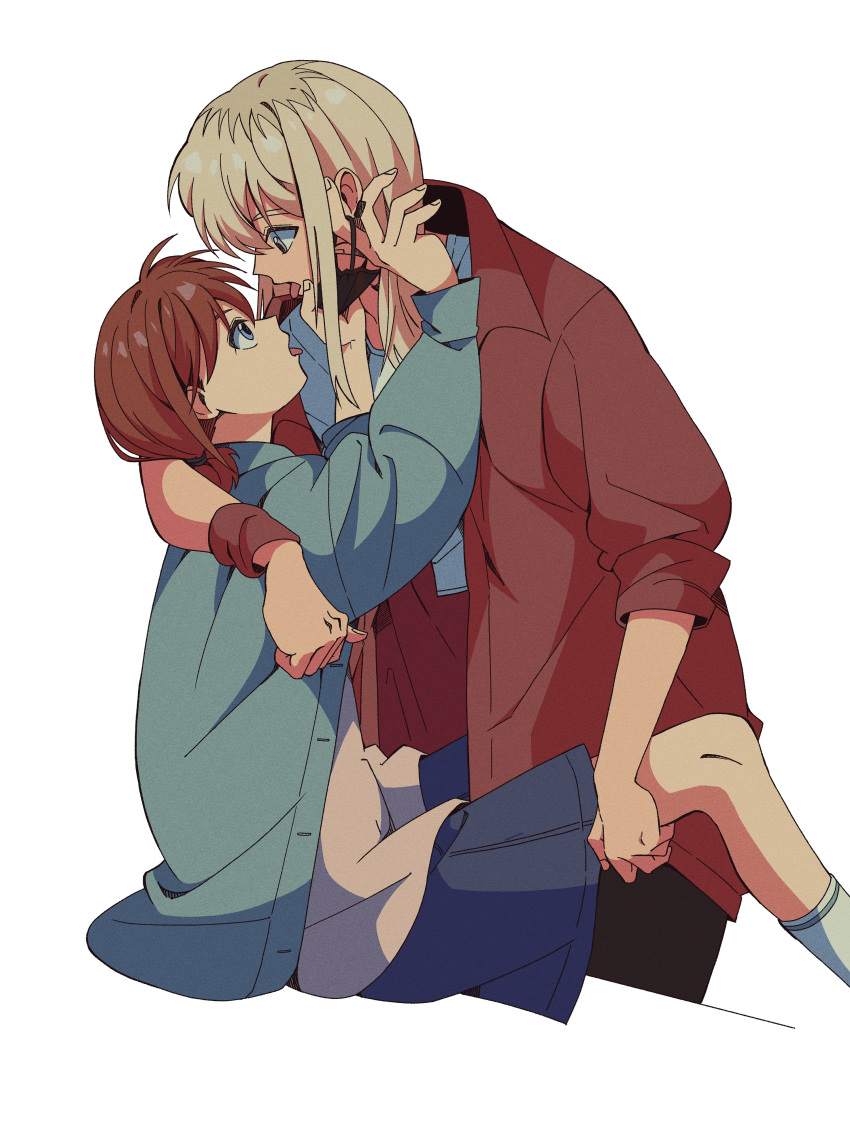 2girls, absurdres, arm_around_neck, bio_w5, black_mask, blue_eyes, blue_jacket, blue_shorts, brown_hair, collarbone, commentary, earclip, girls_band_cry, grey_eyes, grey_hair, hand_on_another's_face, hand_on_another's_thigh, highres, iseri_nina, jacket, kawaragi_momoka, korean_commentary, long_hair, long_sleeves, looking_at_another, multicolored_hair, multiple_girls, red_jacket, roots_(hair), shirt, short_hair, short_twintails, shorts, simple_background, sleeves_rolled_up, socks, tongue, tongue_out, twintails, white_background, white_shirt, white_socks, yuri