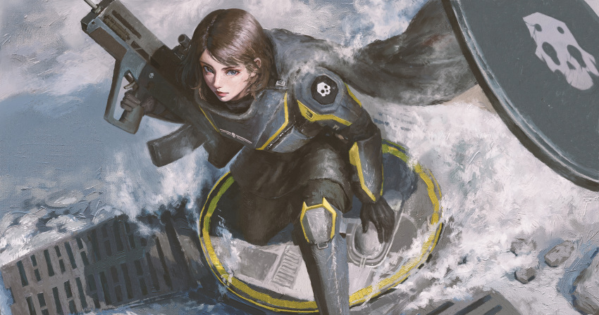 1girl, absurdres, armor, assault_rifle, black_armor, brown_hair, bullpup, gun, helldiver_(helldivers), helldivers_(series), hellpod_(helldivers), highres, holding, holding_gun, holding_weapon, impasto, liberator_(helldivers), looking_at_viewer, looking_up, no_headwear, painterly, rifle, shin_guards, shoulder_armor, skull, solo, trigger_discipline, vambraces, weapon, xianggang_jizhe
