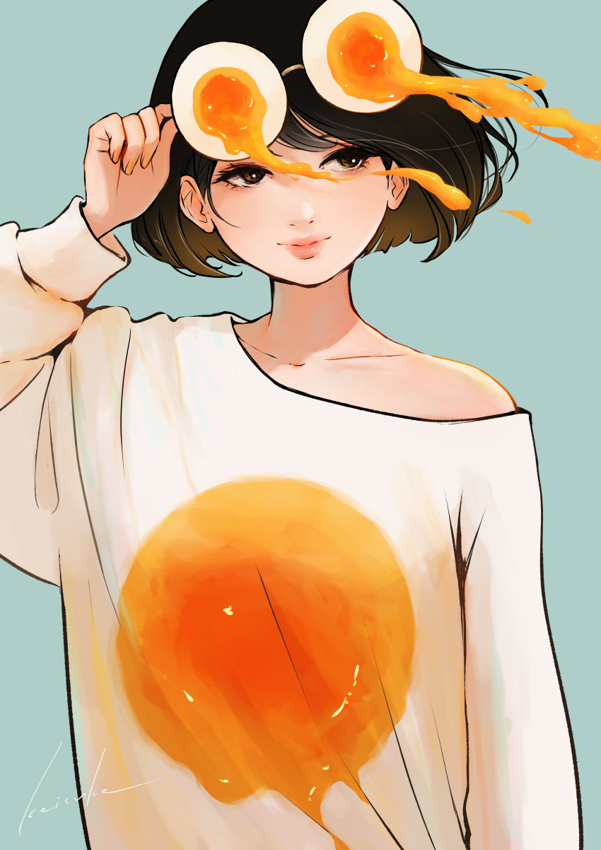 1girl, absurdres, brown_eyes, brown_hair, egg, egg_(food), egg_yolk, food