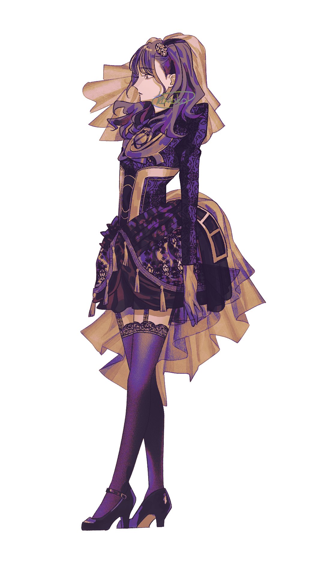 1girl, black_dress, black_thighhighs, brown_hair, commentary, dress, full_body, garter_straps