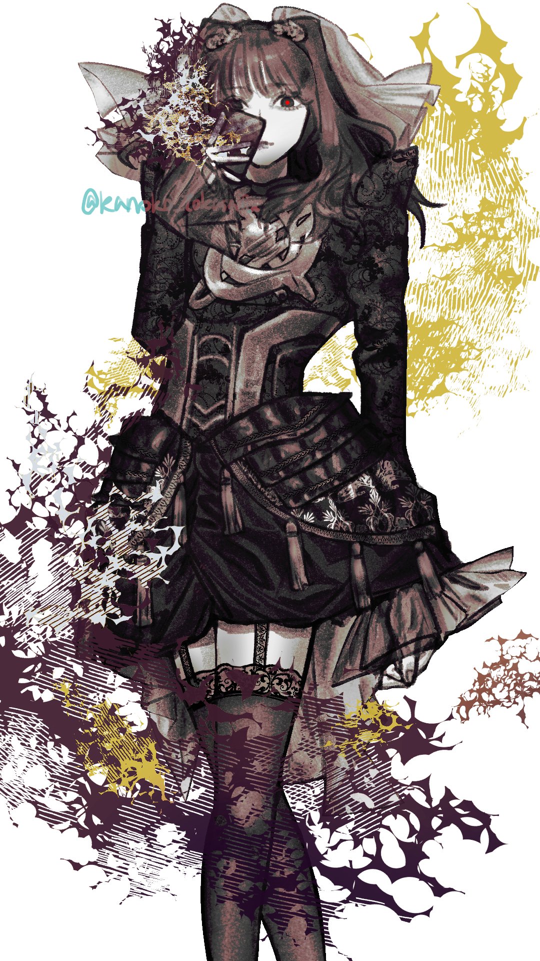 1girl, black_dress, black_thighhighs, brown_hair, commentary, dress, garter_straps, highres