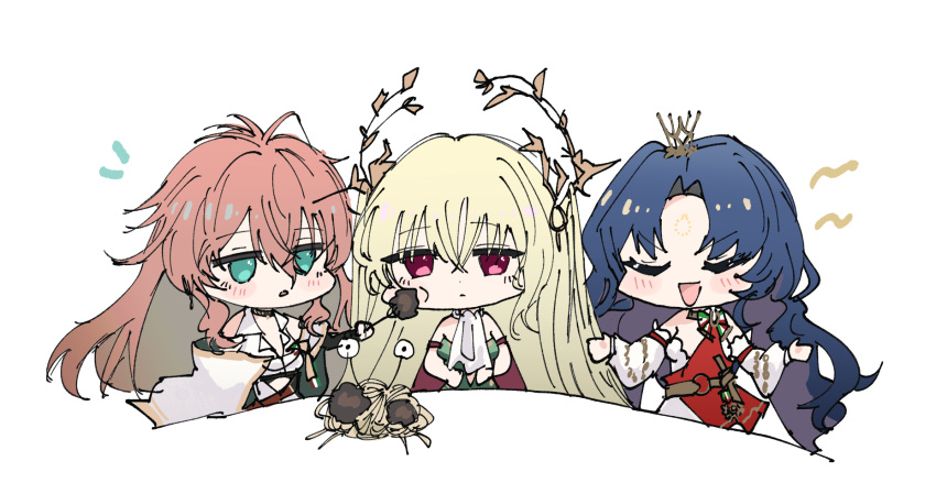 3girls, azur_lane, bare_shoulders, blue_hair, chibi, chibi_only, detached_sleeves, flying_spaghetti_monster, food, green_eyes, green_hair, highres, impero_(azur_lane), long_hair, long_sleeves, meatball, multiple_girls, napoli_(azur_lane), orange_hair, pasta, red_eyes, roma_(azur_lane), simple_background, spaghetti, spaghetti_and_meatballs, tsuchi_(xger4434), very_long_hair, white_background