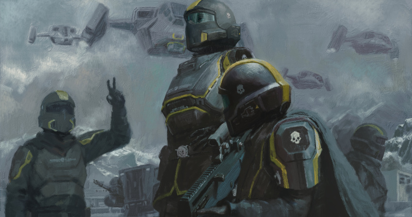 1girl, 3others, absurdres, aircraft, anti-aircraft_gun, armor, assault_rifle, beret