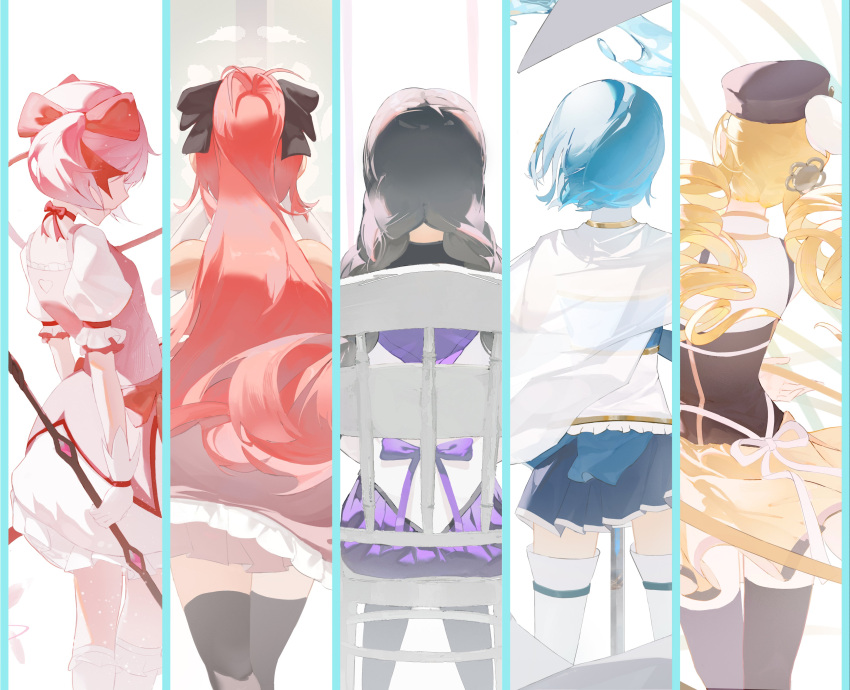 5girls, absurdres, akemi_homura, antenna_hair, back_bow, back_cutout, bare_shoulders, beret, black_bow, black_capelet, black_corset, black_hair, black_hat, black_pantyhose, black_sleeves, black_thighhighs, blonde_hair, blue_hair, blue_shirt, blue_skirt, bow, bow_(weapon), bow_choker, braid, bubble_skirt, cape, capelet, chaconne, choker, clothing_cutout, collared_cape, collared_shirt, commentary, corset, cowboy_shot, detached_sleeves, dress, drill_hair, floating_clothes, frilled_dress, frilled_shirt, frilled_skirt, frilled_sleeves, frills, from_behind, gloves, hair_bow, hair_ornament, hairpin, hashtag-only_commentary, hat, hat_feather, heart_cutout, high_collar, highres, holding, holding_bow_(weapon), holding_sword, holding_weapon, kaname_madoka, light_particles, long_hair, long_sleeves, low_twin_braids, magical_girl, mahou_shoujo_madoka_magica, mahou_shoujo_madoka_magica_(anime), miki_sayaka, miniskirt, multiple_girls, on_chair, pantyhose, pink_dress, pink_hair, pleated_skirt, ponytail, puffy_short_sleeves, puffy_sleeves, purple_bow, purple_capelet, purple_skirt, red_bow, red_choker, red_dress, redhead, ribbon, sakura_kyoko, see-through_cape, shirt, short_dress, short_hair, short_sleeves, short_twintails, sitting, skirt, skirt_under_dress, sleeveless, sleeveless_dress, standing, sword, thigh-highs, thigh_strap, tomoe_mami, twin_braids, twin_drills, twintails, two-tone_capelet, two-tone_shirt, very_long_hair, waist_bow, water_drop, weapon, white_background, white_cape, white_dress, white_gloves, white_ribbon, white_shirt, white_skirt, white_sleeves, white_thighhighs, yellow_skirt