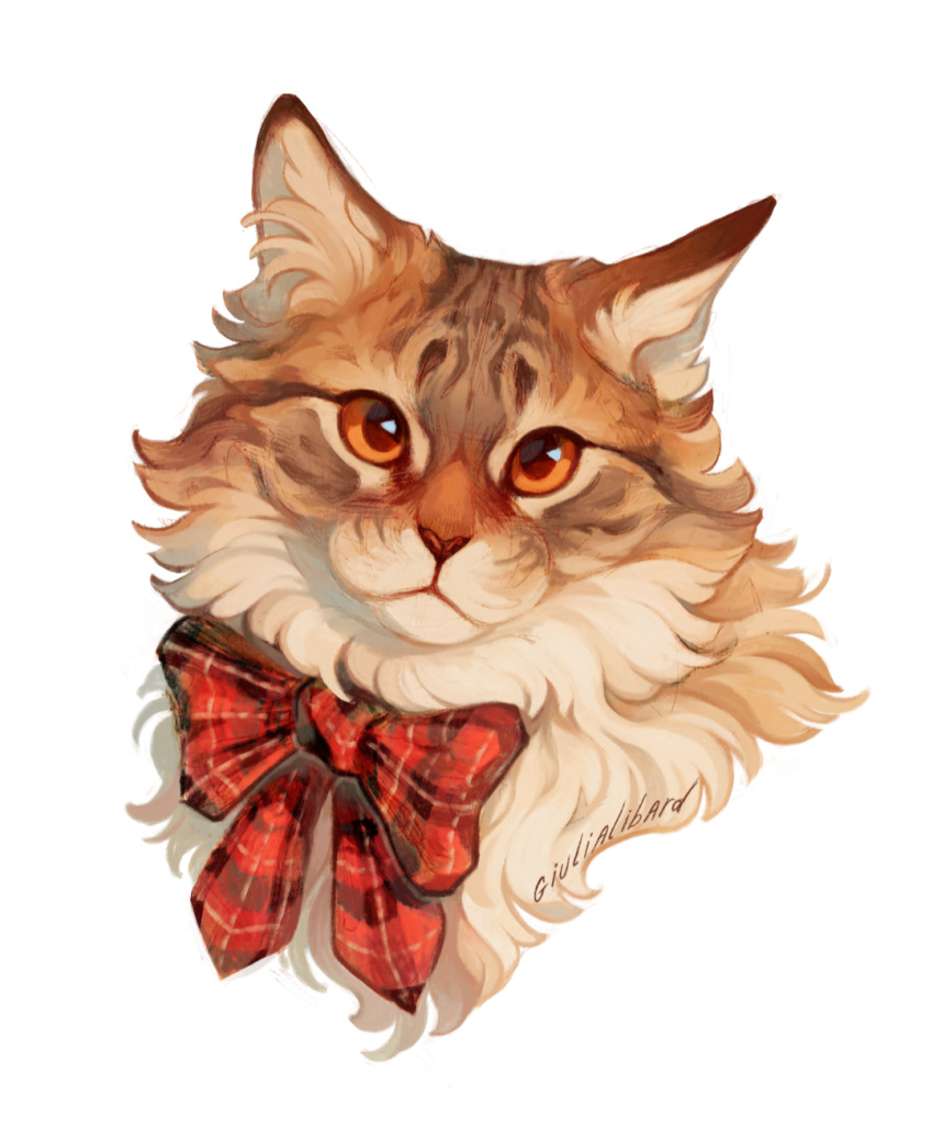 animal, animal_focus, artist_name, bow, bowtie, brown_fur, cat, closed_mouth, cropped_torso, ear_wiggle, giulialibard, highres, looking_up, multicolored_fur, no_humans, norwegian_forest_cat, orange_eyes, orange_fur, original, plaid_bow, plaid_bowtie, plaid_clothes, portrait, realistic, red_bow, red_bowtie, shade, signature, simple_background, solo, straight-on, white_background, white_fur