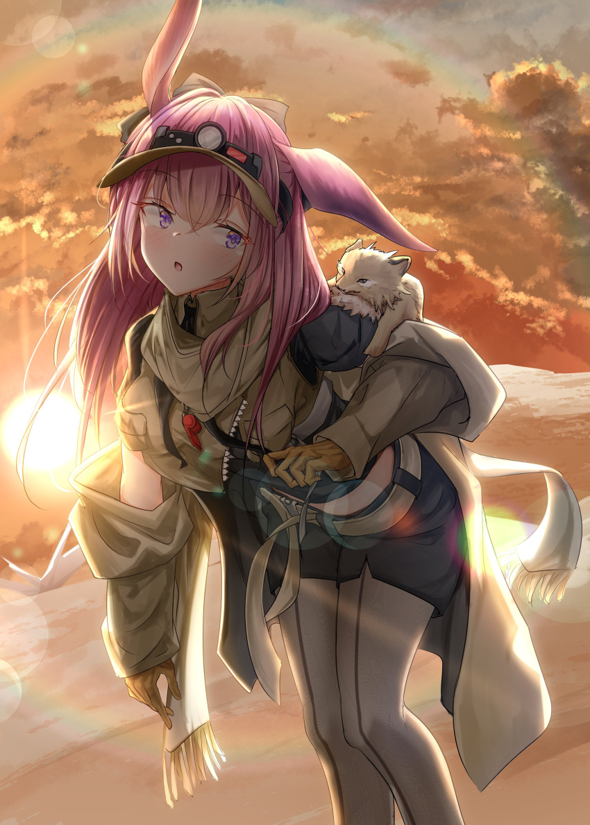 1girl, :o, absurdres, animal, animal_ears, animal_on_shoulder, arknights, belt