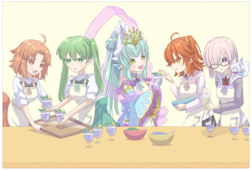 5girls, fate_(series), fujimaru_ritsuka_(female), green_eyes, green_hair, hibino_hibiki, highres, katsuragi_chikagi