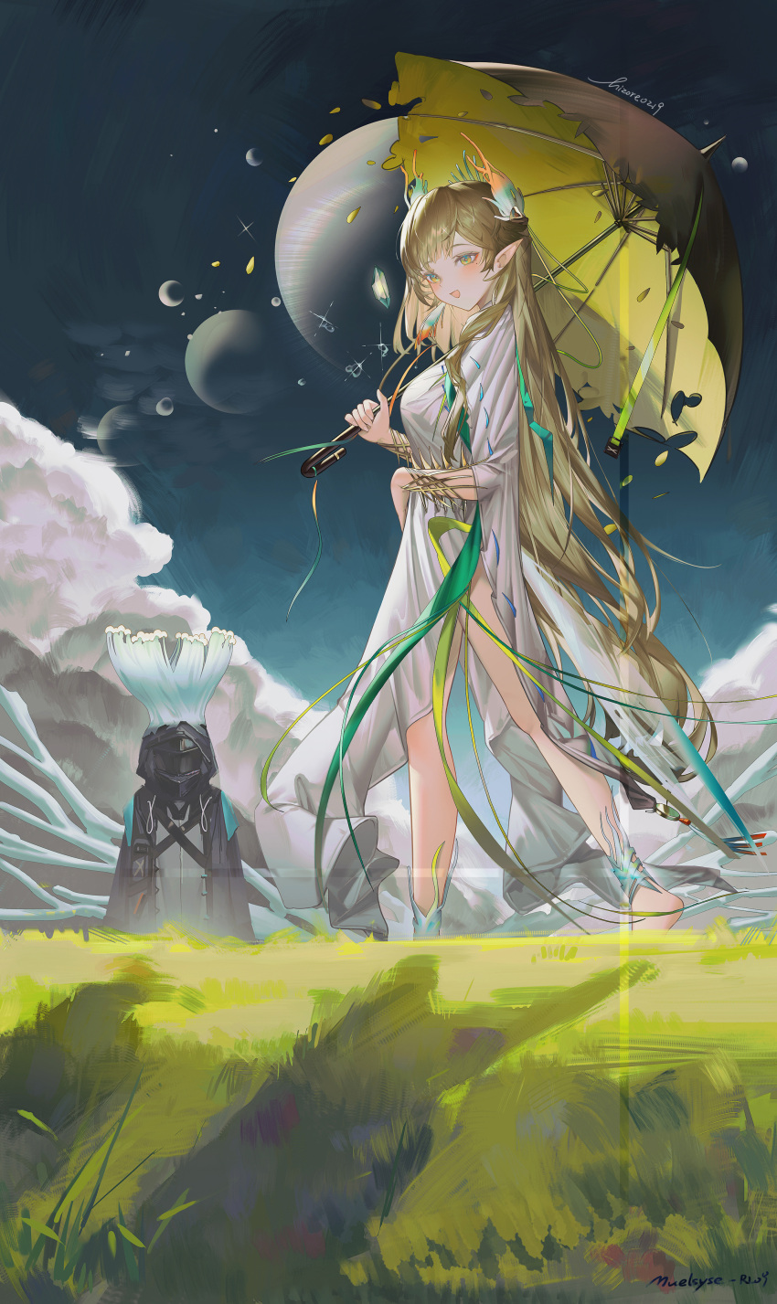 1girl, 1other, absurdres, arknights, blonde_hair, blush, character_name, clouds, commentary_request, doctor_(arknights), dress, elf, fantasy, grass, hair_ornament, highres, holding, holding_umbrella, lens_flare, long_dress, long_hair, looking_down, magic, mole, mole_under_eye, muelsyse_(arknights), muelsyse_(young_branch)_(arknights), official_alternate_costume, open_mouth, outdoors, p1up1u, plant, pointy_ears, side_slit, smile, sparkle, standing, umbrella, walking, water, water_drop, white_dress, wide_sleeves, yellow_eyes