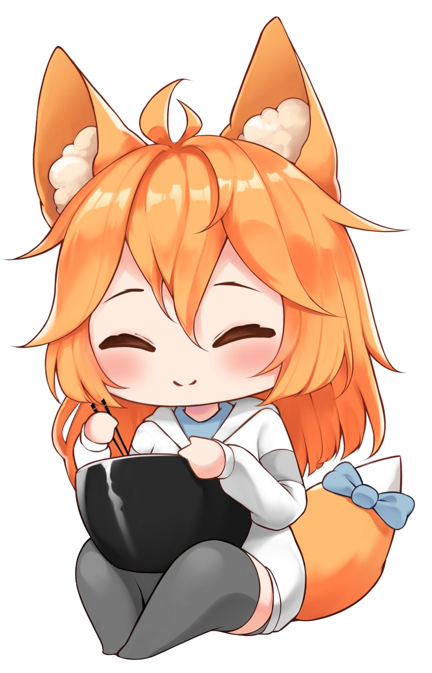 1girl, ahoge, animal_ear_fluff, animal_ears, black_thighhighs, blue_bow, blue_shirt, blush