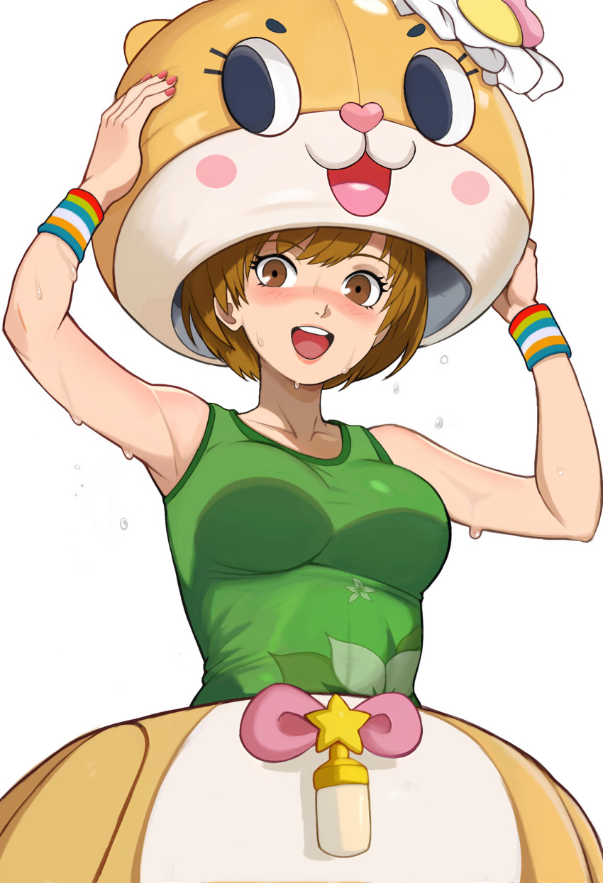 1girl, :d, absurdres, animal_costume, blush, breasts, brown_eyes, brown_hair, chiitan, green_shirt, highres, looking_at_viewer, medium_breasts, name_connection, neggoartz, persona, persona_4, satonaka_chie, shirt, short_hair, sleeveless, sleeveless_shirt, smile, solo, sweat