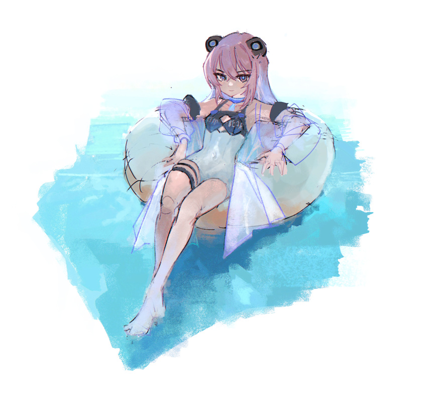 1girl, animal_ears, ar_at001, bare_legs, bear_ears, blue_eyes, collar, covered_navel