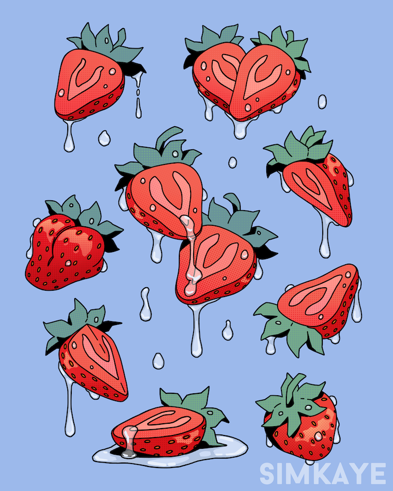 artist_name, berry, blue_background, commentary, dripping, english_commentary, food, food_focus