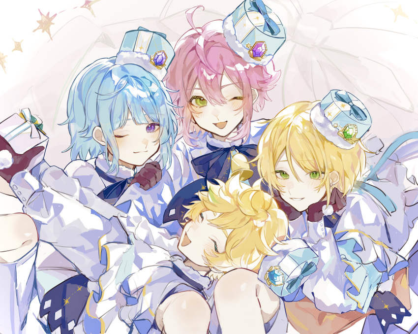 4boys, :d, absurdres, androgynous, bell, black_gloves, blonde_hair, blue_hair