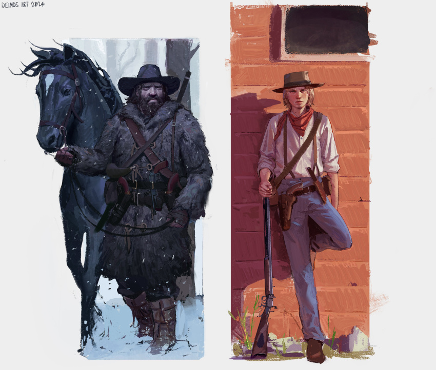 2boys, absurdres, beard, blood_meridian, coat, cowboy_hat, deimos_art, facial_hair, fur_coat, gun, hat, highres, holster, holstered, horse, multiple_boys, revolver, rifle, simple_background, snow, snowing, suspenders, the_kid_(blood_meridian), weapon, white_background