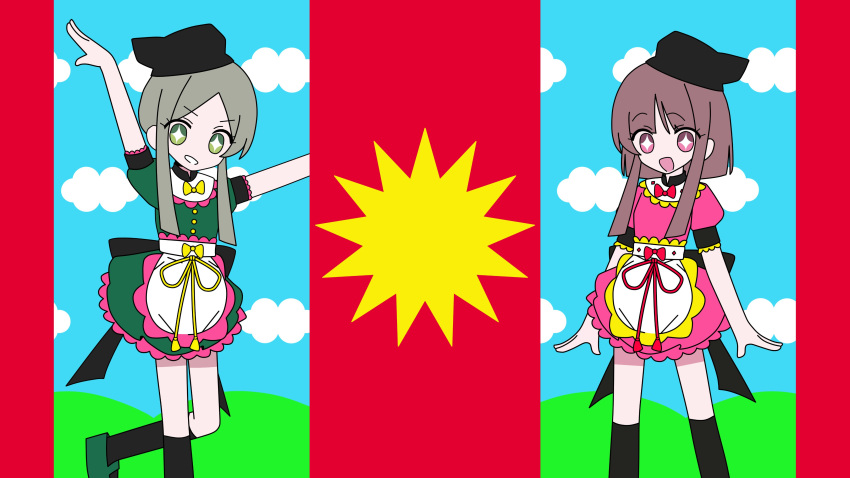 +_+, 2girls, :d, absurdres, apron, arms_up, back_bow, black_bow