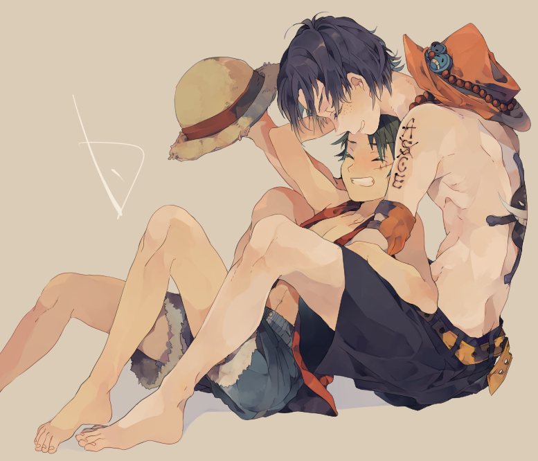 barefoot, belt, black_hair, brothers, brown_background, closed_eyes, collar, denim