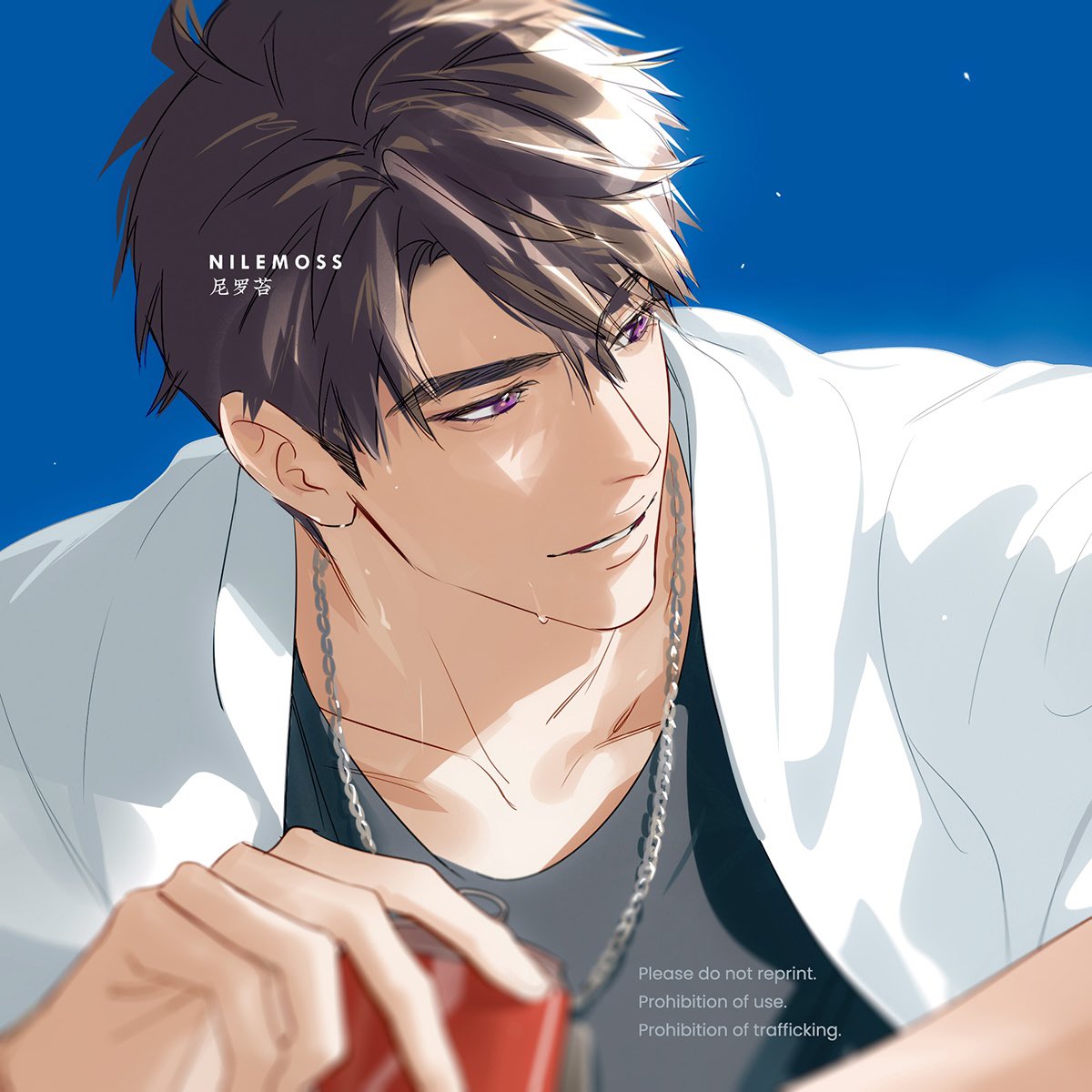 1boy, black_hair, black_shirt, blue_sky, caleb_(love_and_deepspace), can, collarbone, dog_tags