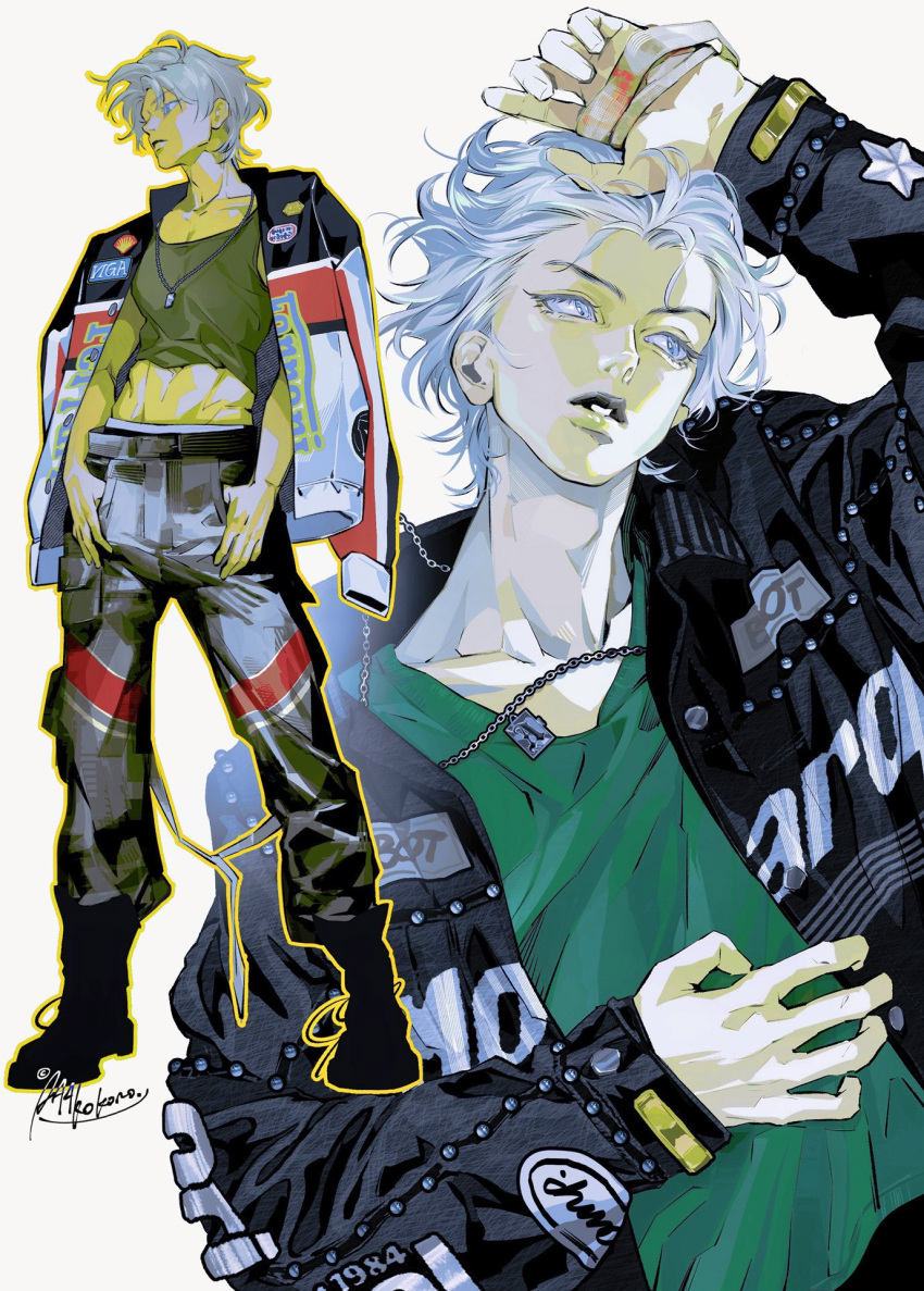 1girl, aaakokoro, androgynous, arm_up, artist_name, bandaged_hand, bandages, belt, black_jacket, black_pants, blood, blood_on_bandages, breasts, collage, colored_skin, commentary, green_shirt, grey_lips, hand_on_own_chest, highres, jacket, jacket_on_shoulders, jewelry, midriff, mullet, multiple_views, necklace, no_pupils, original, outline, pants, parted_lips, realistic, reverse_trap, shirt, small_breasts, symbol-only_commentary, thumbs_in_pockets, toned, toned_female, white_background, white_eyes, white_hair, white_skin, yellow_outline