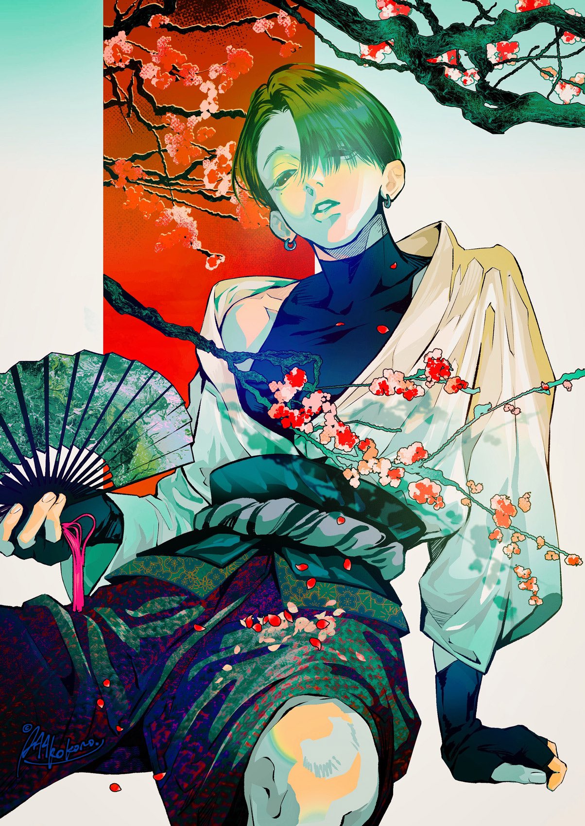 aaakokoro, aegyo_sal, analogous_colors, arm_at_side, arm_support, artist_name, baggy_shorts, black_eyes