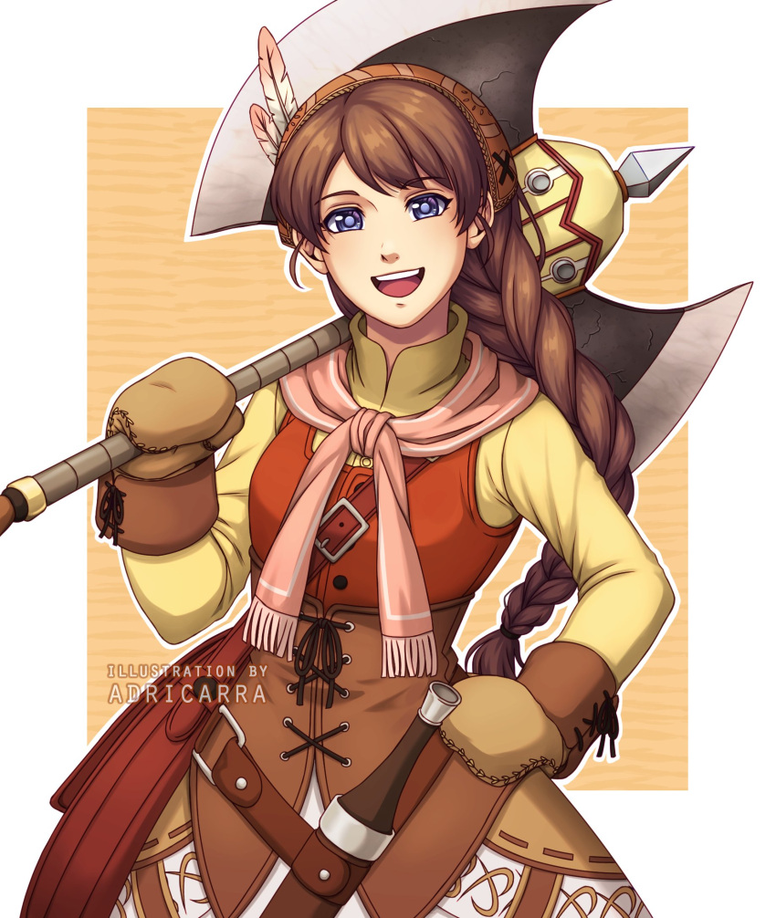 1girl, :d, adricarra, artist_name, axe, battle_axe, blue_eyes, border