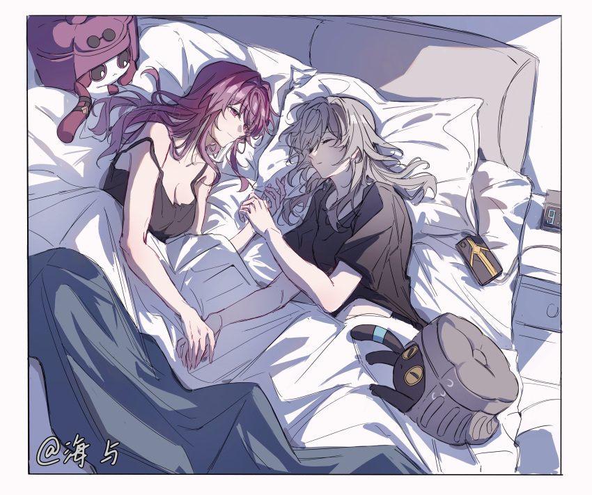 2girls, absurdres, alarm_clock, black_camisole, black_shirt, camisole, cellphone, chinese_commentary