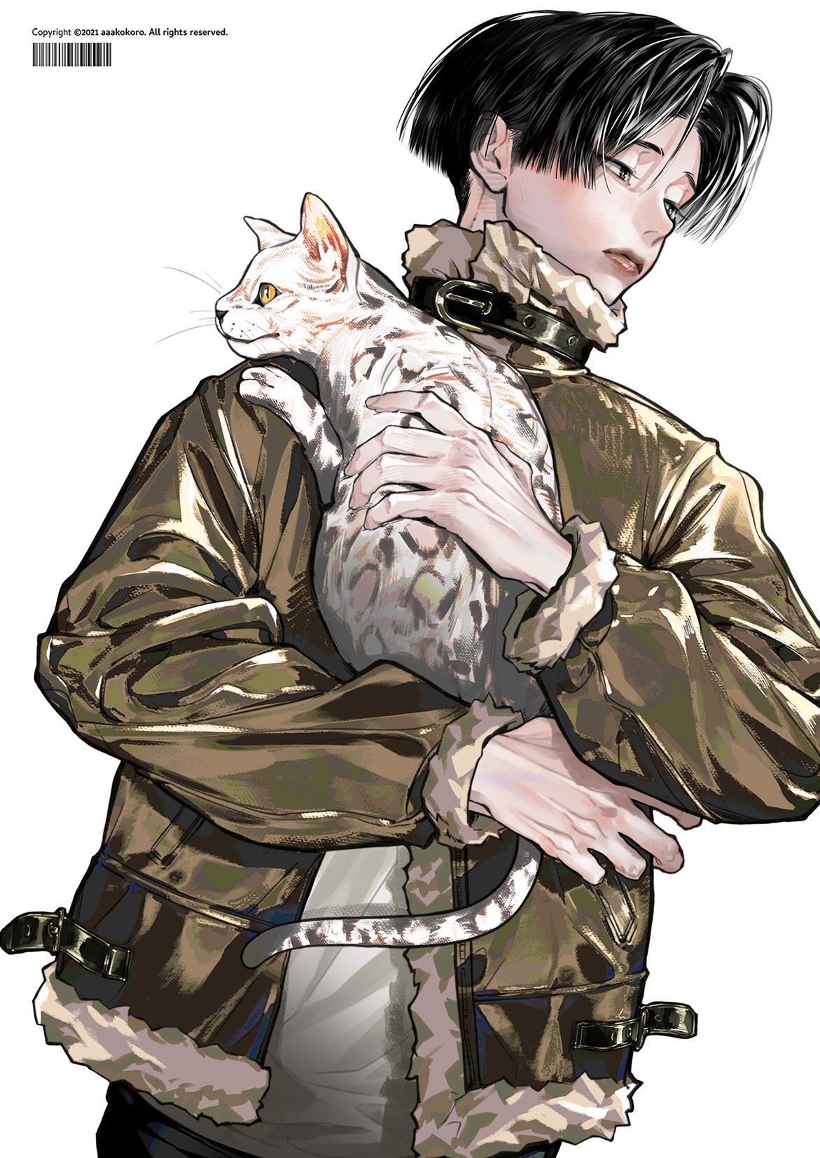 1boy, 2023, aaakokoro, animal, animal_hug, artist_name, belt_collar, black_eyes