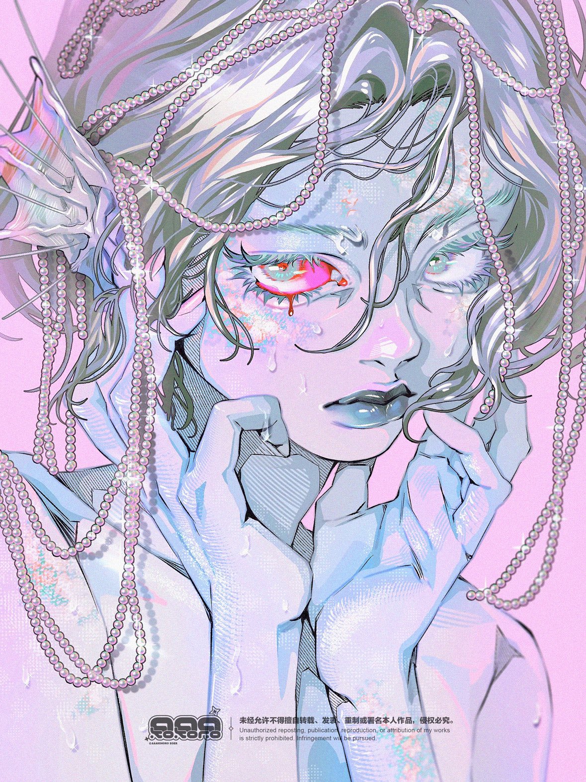1girl, aaakokoro, beads, blood, blood_from_eyes, closed_mouth, colored_sclera, colored_skin