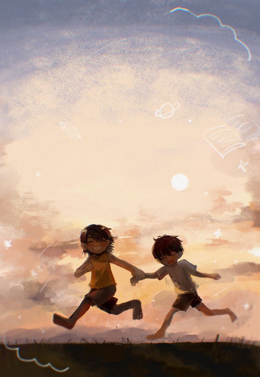 2boys, antenna_hair, barefoot, black_shorts, blush, brown_hair, closed_eyes, dark-skinned_male