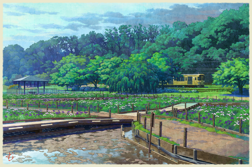 bench, bridge, clouds, day, fence, flower, forest, grass, landscape, mugumo_24k, nature, no_humans, original, outdoors, park, path, power_lines, railing, scenery, seibu_railway, tokyo_(city), train, tree, veranda, water, wet, wooden_bridge