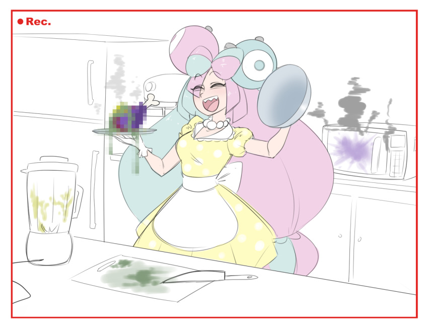 1girl, alternate_costume, apron, archived_source, blender_(object), blue_hair, censored, censored_food