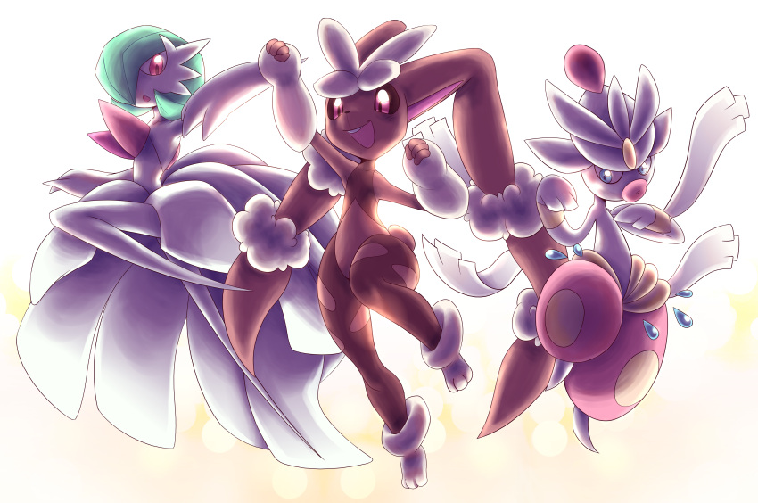 3girls, absurdres, animal_ears, arm_up, blue_eyes, bob_cut, brown_fur, colored_skin