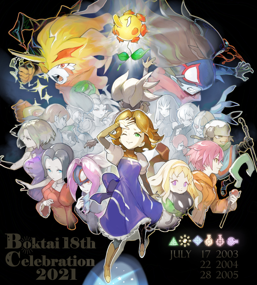 104_(artist), 6+boys, 6+girls, anniversary, black_background, blonde_hair, blue_eyes, bokura_no_taiyou